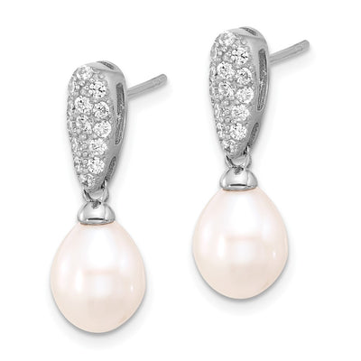 Sterling Silver Rhodium-plated White Teardrop Freshwater Cultured Pearl and CZ Post Dangle Earrings, 24 x 8 to 9mm