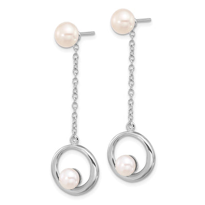 Sterling Silver Rhodium-plated White Button Freshwater Cultured Pearl Post Dangle Earrings