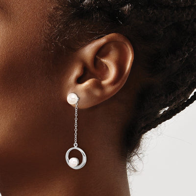 Sterling Silver Rhodium-plated White Button Freshwater Cultured Pearl Post Dangle Earrings