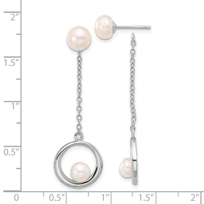 Sterling Silver Rhodium-plated White Button Freshwater Cultured Pearl Post Dangle Earrings