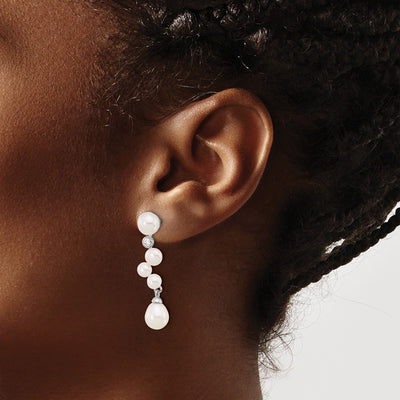 Sterling Silver Rhodium-plated 7-8/4- White Rice and Button Freshwater Cultured Pearl and CZ Post Dangle Earrings