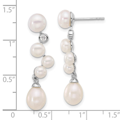 Sterling Silver Rhodium-plated 7-8/4- White Rice and Button Freshwater Cultured Pearl and CZ Post Dangle Earrings