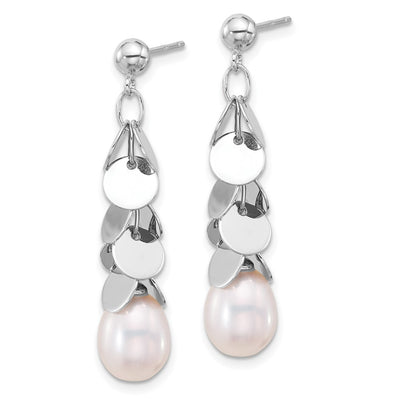 Sterling Silver Rhodium-plated White Teardrop Freshwater Cultured Pearl Post Dangle Earrings, 37.5 x 7 to 8mm