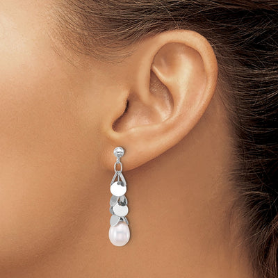 Sterling Silver Rhodium-plated White Teardrop Freshwater Cultured Pearl Post Dangle Earrings, 37.5 x 7 to 8mm