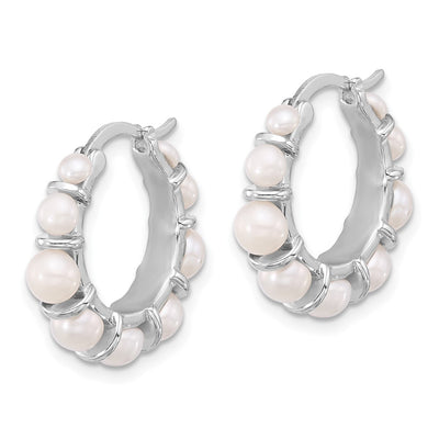 Sterling Silver Rhodium-plated White Button Freshwater Cultured Pearl Round Hoop Earrings