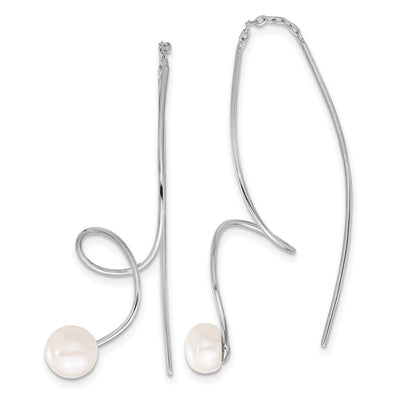 Sterling Silver Rhodium-plated White Button Freshwater Cultured Pearl Twisted Threader Earrings