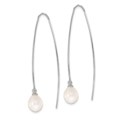 Sterling Silver Rhodium-plated White Teardrop Freshwater Cultured Pearl Threader Earrings, 55.4 x 7 to 8mm