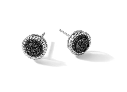 Sterling Silver RH-plated Polished/Twisted Black Spinel Circle Post Earring