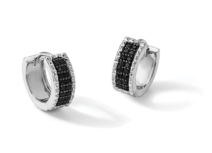 Sterling Silver RH-pltd Polished/Studded Black Spinel Hinged Hoop Earrings