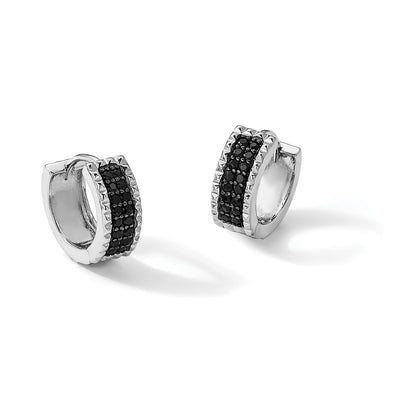 Sterling Silver RH-pltd Polished/Studded Black Spinel Hinged Hoop Earrings