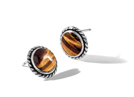 Sterling Silver Polished & Oxidized Twisted Edge Tiger's Eye Post Earrings