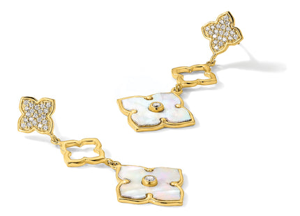 Sterling Silver Gold-tone Polished MOP & CZ Floral Post Dangle Earrings