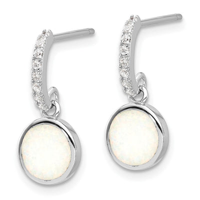 Sterling Silver RH-plated Polished CZ & Created Opal Post Dangle Earrings