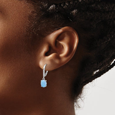 Sterling Silver RH-plated CZ & Oval Blue Cr. Opal Leverback Dangle Earrings