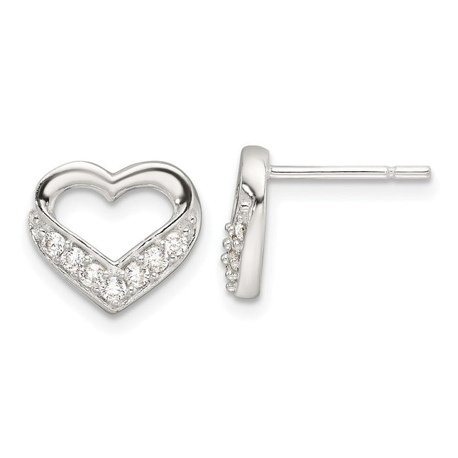 Sterling Silver Polished CZ Heart Post Earrings, 9.7 x 11mm