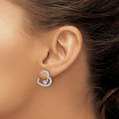 Sterling Silver Rh-plated White and Pink CZ Heart w/ Jacket Post Earrings
