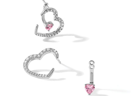 Sterling Silver Rh-plated White and Pink CZ Heart w/ Jacket Post Earrings
