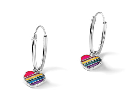 Sterling Silver Rh-plt Enamel Rainbow Heart Dangle Eternity Hoop Earrings