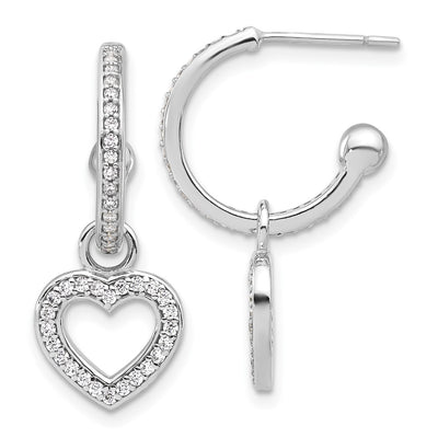 Sterling Silver Rhod-plated Polished CZ Dangle Heart Hoop Post Earrings