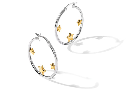 Sterling Silver and Gold-tone Stars Hoop Earrings