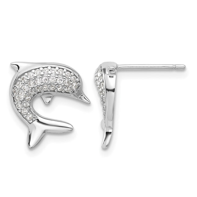 Sterling Silver Rhodium-plated CZ Dolphin Post Earrings, 13.7 x 13.5mm