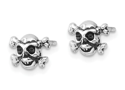 Sterling Silver Rhodium-plated Antiqued Skull and Crossbones Post Earrings (Style QE17611)