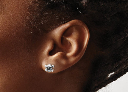 Sterling Silver Rhodium-plated Antiqued Skull and Crossbones Post Earrings (Style QE17611)