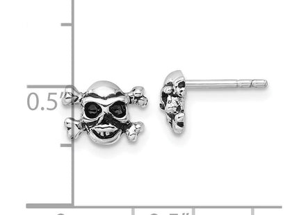 Sterling Silver Rhodium-plated Antiqued Skull and Crossbones Post Earrings (Style QE17611)
