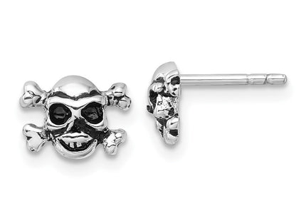 Sterling Silver Rhodium-plated Antiqued Skull and Crossbones Post Earrings (Style QE17611)