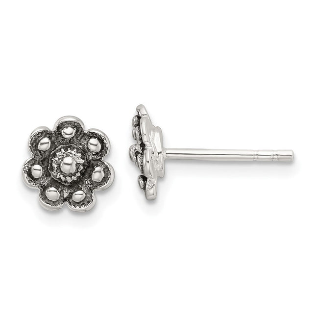Sterling Silver Oxidized Flower Post Earrings, 8.1 x 8.1mm
