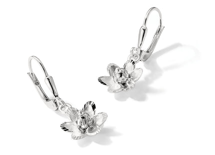 Sterling Silver Satin Polished and D/C Floral Leverback Earrings