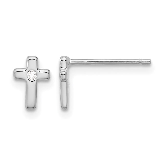 Sterling Silver Rhodium-plated Polished CZ Cross Post Earrings, 7.6 x 5.4mm