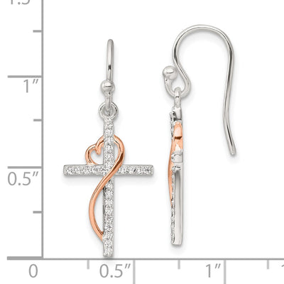 Sterling Silver & Rose-tone Polished CZ Heart Cross Dangle Earrings