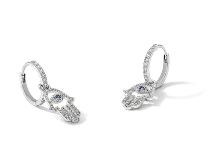 Sterling Silver RH-pltd Blue/White CZ Evil Eye Hamsa Dangle Hoop Earrings