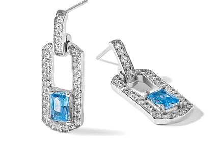 Sterling Silver Rh-plated Polished Blue Topaz and CZ Post Dangle Earrings