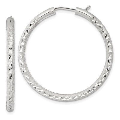 Sterling Silver Laser and Diamond-cut 40x3.25mm Hidden Catch Round Hoop Earrings