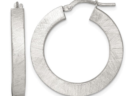 Sterling Silver Brushed Textured x Square Tube Hoop Earrings (Style QE17858)
