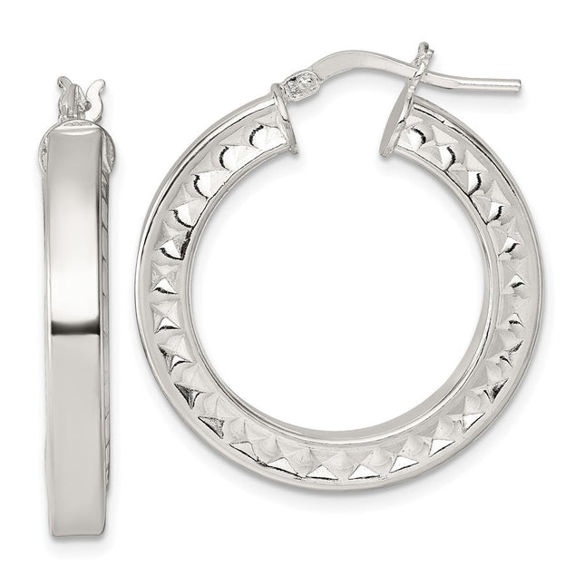 Sterling Silver Polished and Textured 4.00 x Hoop Earrings, 32 x 4mm