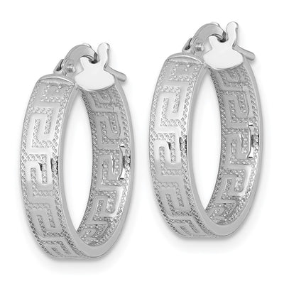 Sterling Silver Rhodium-plated Polished Textured In and Out Greek Key 4.00 x Hoop Earrings, 20 x 4mm
