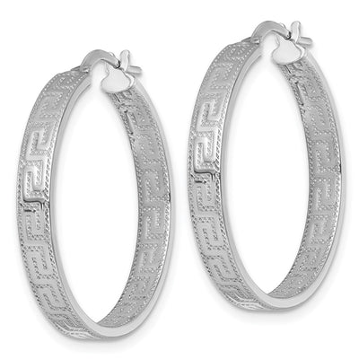 Sterling Silver Rhodium-plated Polished Textured In and Out Greek Key 4.00 x Hoop Earrings, 31 x 4mm