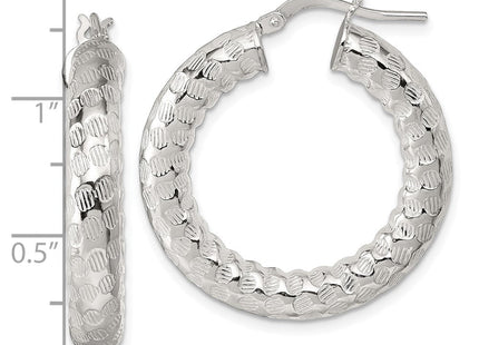 Sterling Silver Polished and Textured Round Tube Hoop Earrings (Style QE17873)