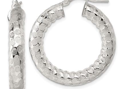 Sterling Silver Polished and Textured Round Tube Hoop Earrings (Style QE17873)