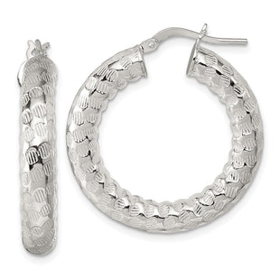 Sterling Silver Polished and Textured Round Tube Hoop Earrings (Style QE17873)