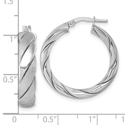 Sterling Silver Rhodium-plated Polished and Scratch Finish 6.0 x Twisted Round Tube Hoop Earrings, 27.5 x 6mm
