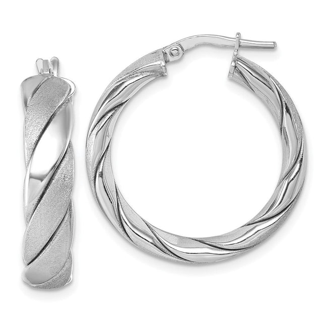 Sterling Silver Rhodium-plated Polished and Scratch Finish 6.0 x Twisted Round Tube Hoop Earrings, 27.5 x 6mm