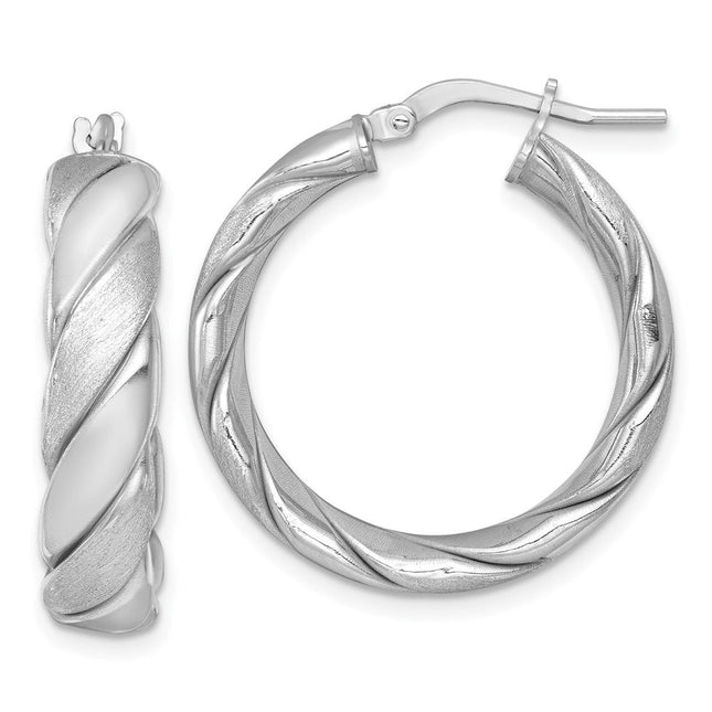 Sterling Silver Rhodium-plated Polished Brushed/Textured x Tube Hoop Earrings, 27.5 x 6mm