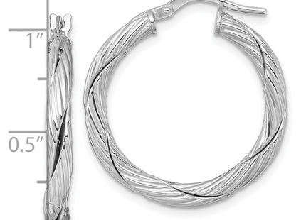Sterling Silver Rhodium-plated Polished Textured and Twisted 3.00 x Round Hoop Earrings (Style QE17899)