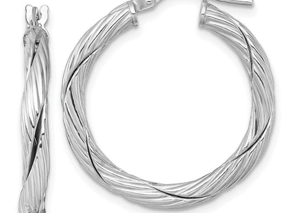 Sterling Silver Rhodium-plated Polished Textured and Twisted 3.00 x Round Hoop Earrings (Style QE17899)