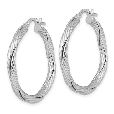 Sterling Silver Rhodium-plated Polished Textured and Twisted 3.00 x Round Hoop Earrings, 33 x 3mm