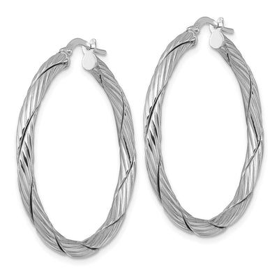 Sterling Silver Rhodium-plated Polished Textured and Twisted 3.00 x Round Hoop Earrings, 38 x 3mm